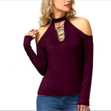 2019 Fashion Autumn Womens T-Shirts Tops Casual Choker Neck Solid Color Tops T-Shirts Loose Cold Shoulder Long Sleeve T-Shirts