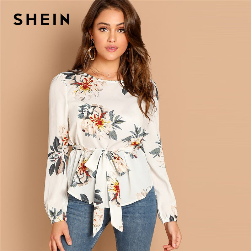 SHEIN White Flower Print Belted Top Puff Shoulder Long Sleeve Round Neck Blouse Women Casual 2019 Spring Tops and Blouses