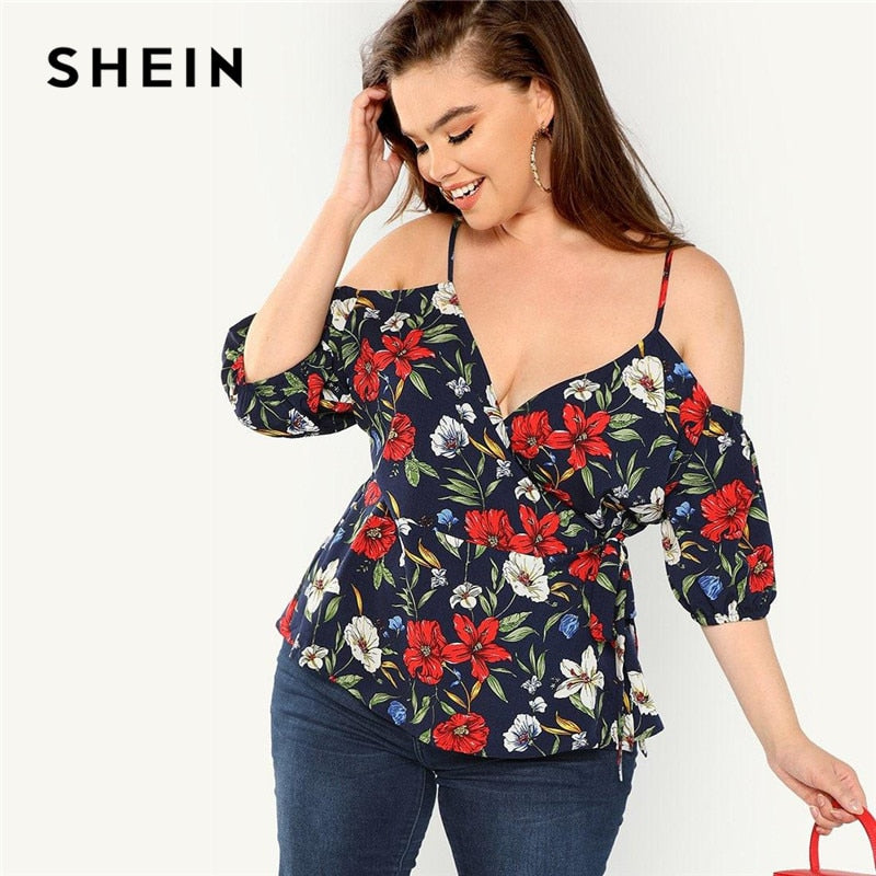 SHEIN Sexy Cold Shoulder V Neck Belted Women Plus Size Boho Cami Floral Blouses Summer Beach Vacation Spaghetti Strap Top Blouse