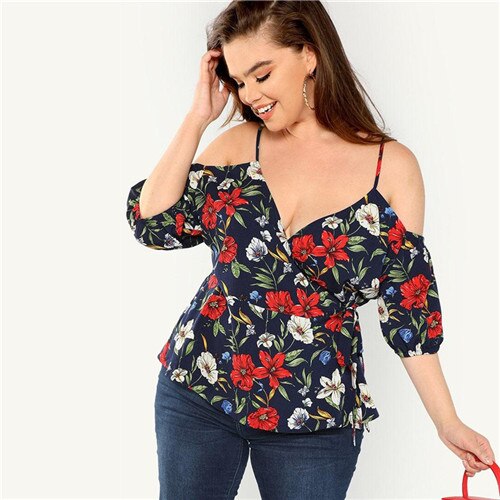 SHEIN Sexy Cold Shoulder V Neck Belted Women Plus Size Boho Cami Floral Blouses Summer Beach Vacation Spaghetti Strap Top Blouse