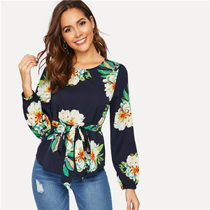 SHEIN White Flower Print Belted Top Puff Shoulder Long Sleeve Round Neck Blouse Women Casual 2019 Spring Tops and Blouses