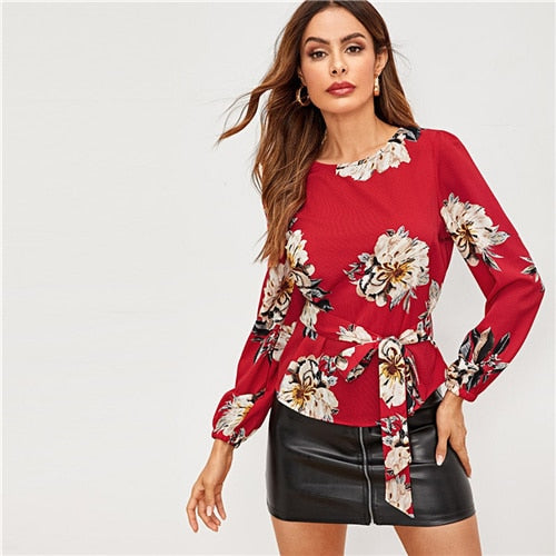 SHEIN White Flower Print Belted Top Puff Shoulder Long Sleeve Round Neck Blouse Women Casual 2019 Spring Tops and Blouses