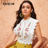 SHEIN Mock Neck Guipure Lace Trim Embroidery White Blouse Womens Tops and Blouses Boho Sleeveless Slim Fit Summer Crop Top